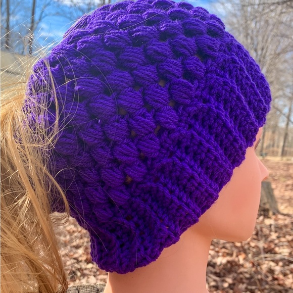 Purple Crochet Handmade Slouch Women's/Teens Messy Bun/Ponytail Hat - Picture 4 of 4